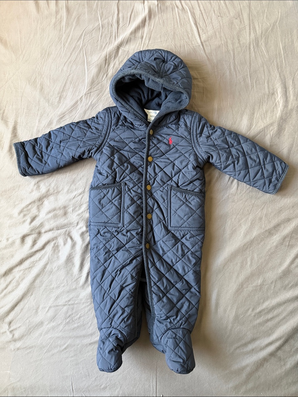 Ralph Lauren Quilted Navy Hooded Baby Footie with Red Polo Logo